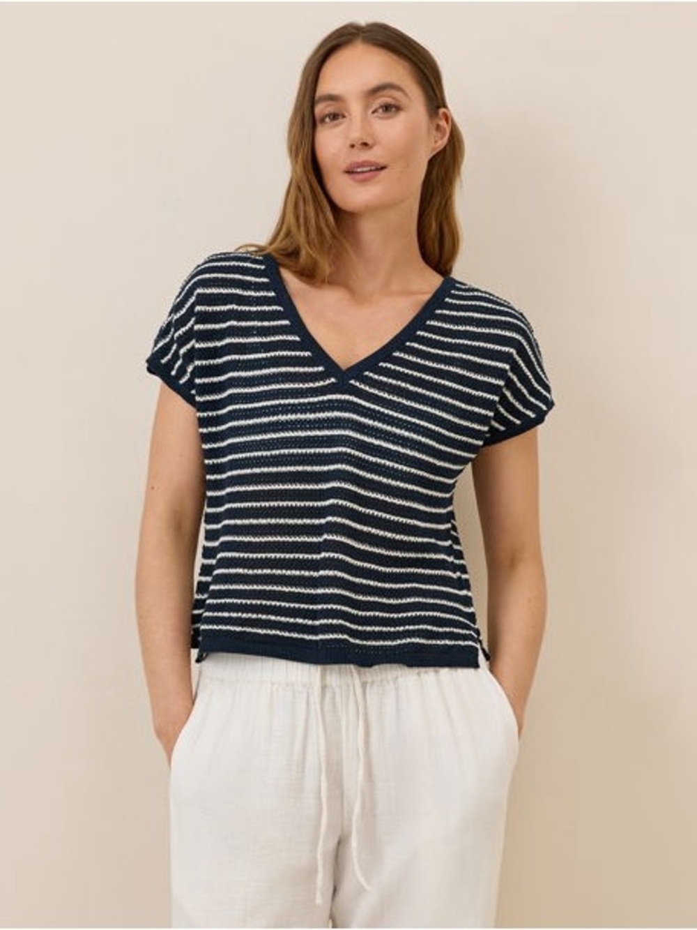 Pact Navy & White Striped V-Neck Knit Top